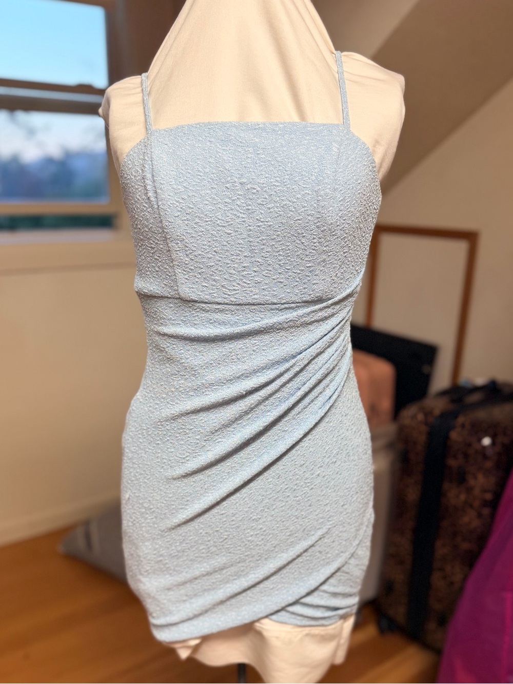 Crystal Doll Pale Blue Textured Spaghetti-Strap Tulip Hem Dress